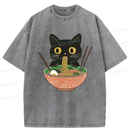 Tokyo-Tiger Black Cat Steals Ramen Washed T-Shirt
