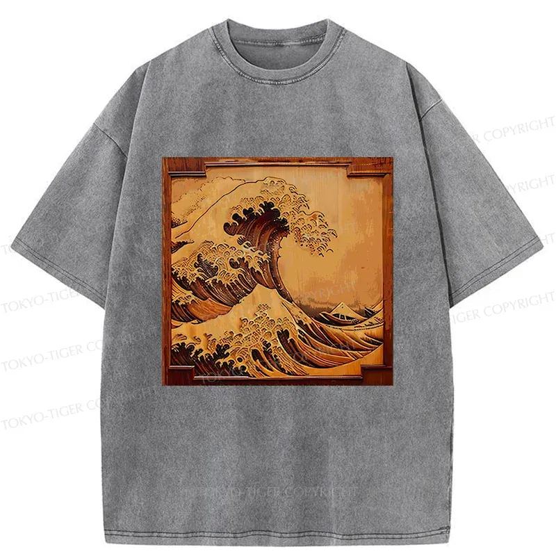 Tokyo-Tiger Panel Painting Ukiyoe Wave Washed T-Shirt