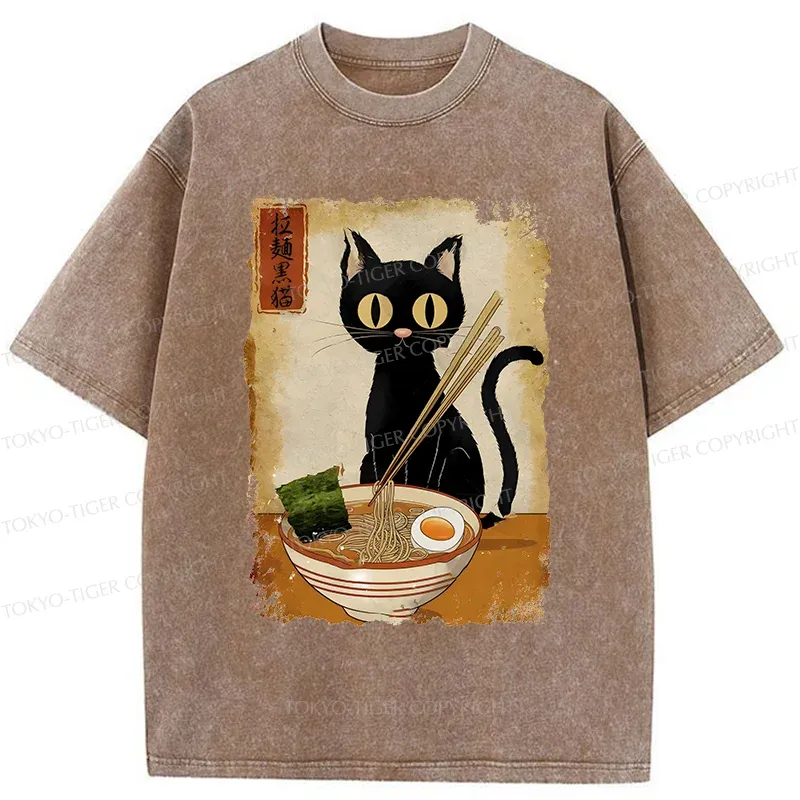 Tokyo-Tiger Cat Eating Ramen Retro Washed T-Shirt