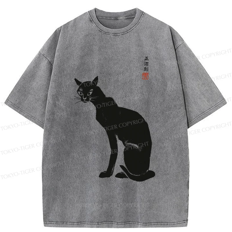 Tokyo-Tiger Slender Black Cat Washed T-Shirt