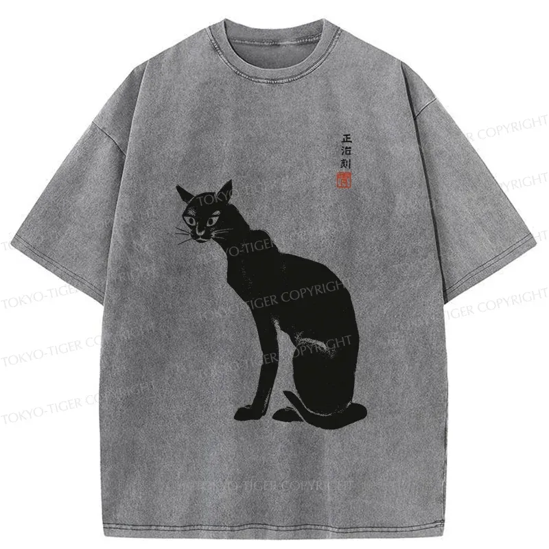 Tokyo-Tiger Slender Black Cat Washed T-Shirt
