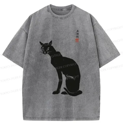 Tokyo-Tiger Slender Black Cat Washed T-Shirt
