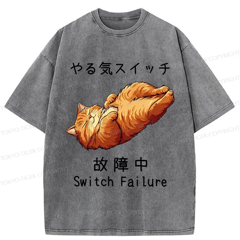 Tokyo-Tiger Funny Cat Switch Failure Washed T-Shirt