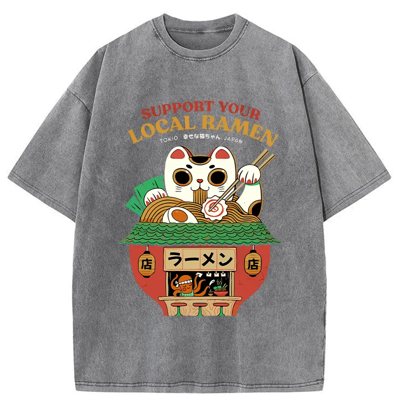Tokyo-Tiger Lucky Cat Eating Ramen Mic Washed T-Shirt