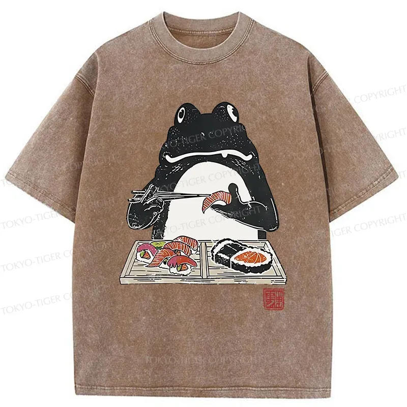Tokyo-Tiger Frog Eating Sushi Washed T-Shirt