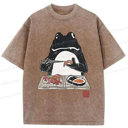 Tokyo-Tiger Frog Eating Sushi Washed T-Shirt