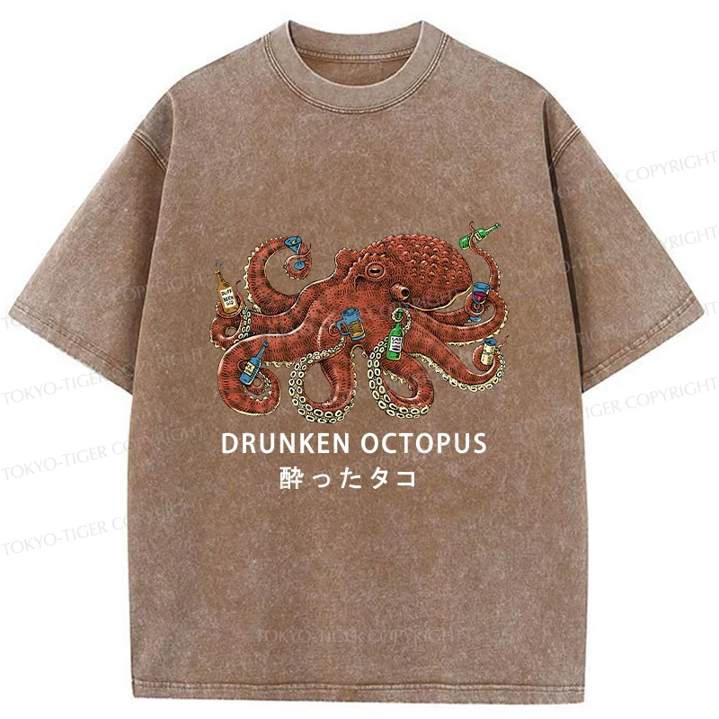 Tokyo-Tiger Drinking Octopus Washed T-Shirt