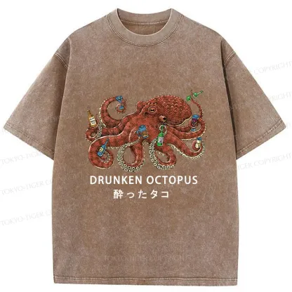 Tokyo-Tiger Drinking Octopus Washed T-Shirt