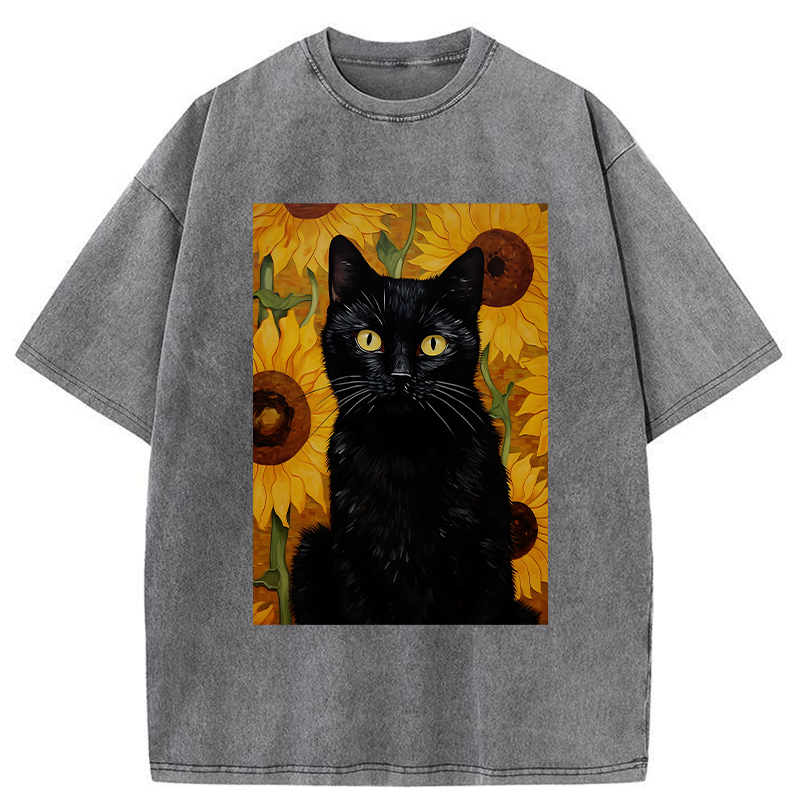 Tokyo-Tiger Black Cat Among Sunflowers Washed T-Shirt