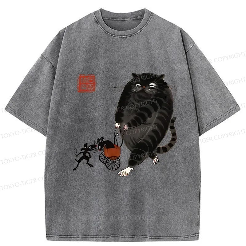 Tokyo-Tiger Funny Cat Pushing Mouse In Cart Washed T-Shirt