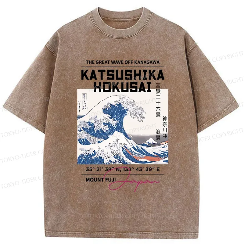 Tokyo-Tiger Ukiyo-e Waves Poster Washed T-Shirt