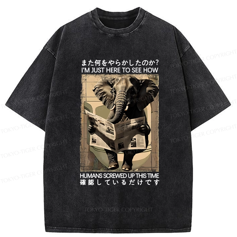 Tokyo-Tiger Funny Elephant Reading Newspaper Washed T-Shirt