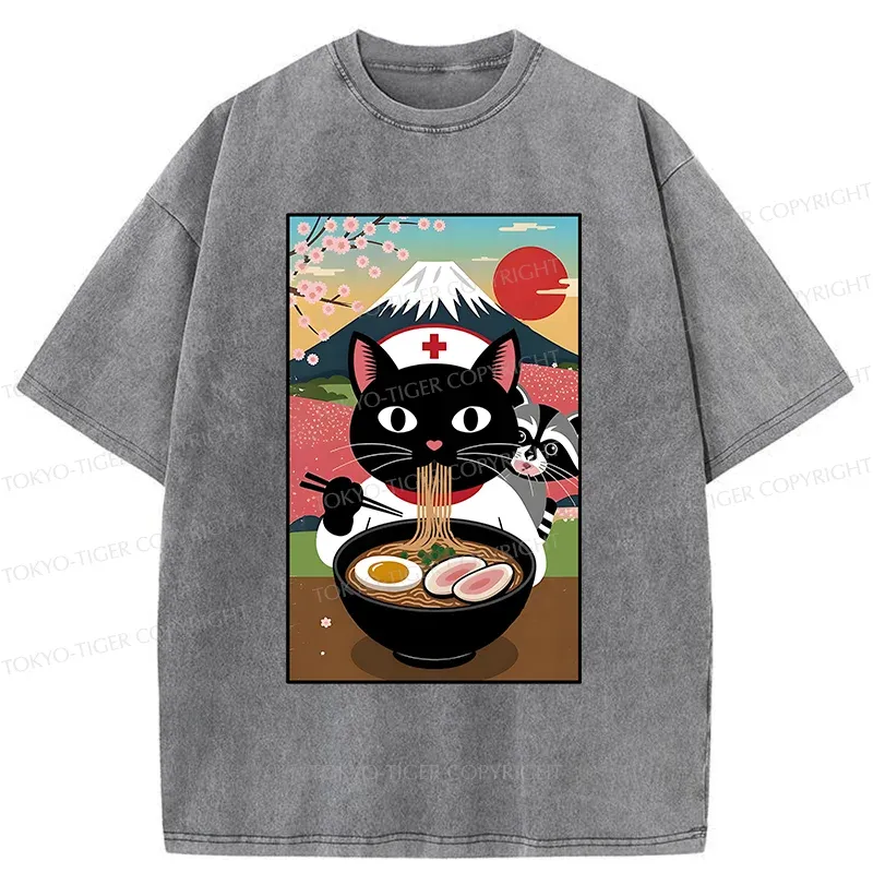 Tokyo-Tiger Nurse Cat Eating Ramen Washed T-Shirt