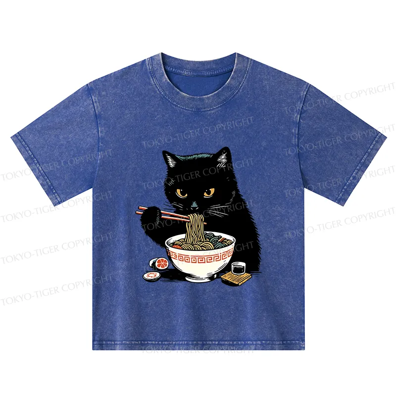 Tokyo-Tiger Cat Eating Favorite Ramen Kids Washed T-Shirt