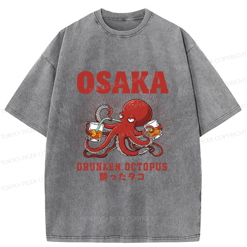 Tokyo-Tiger Octopus Drinking Beer Washed T-Shirt