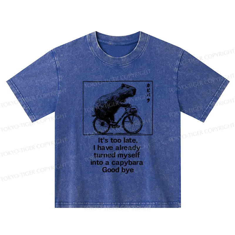 Tokyo-Tiger Funny Capybara Riding A Bicycle Kids Washed T-Shirt