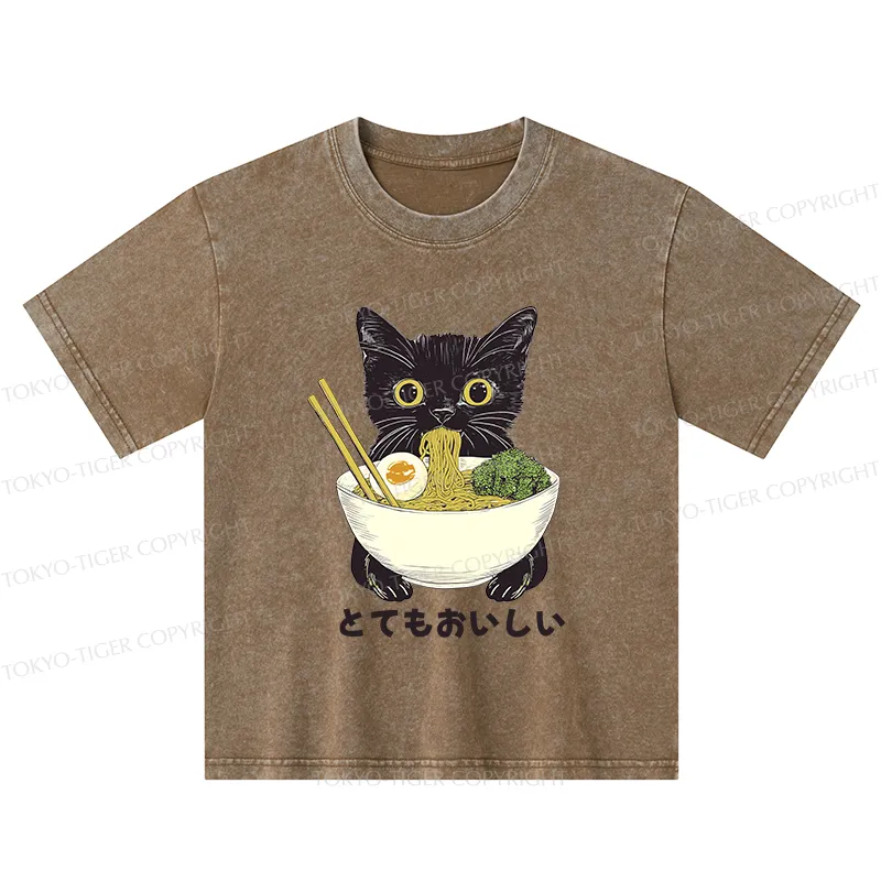 Tokyo-Tiger Ramen Lover Cute Cat Kids Washed T-Shirt