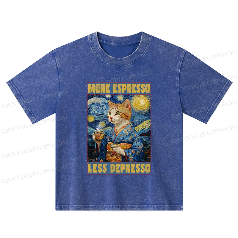 Tokyo-Tiger Funny More Espresso Less Depresso Kids Washed T-Shirt