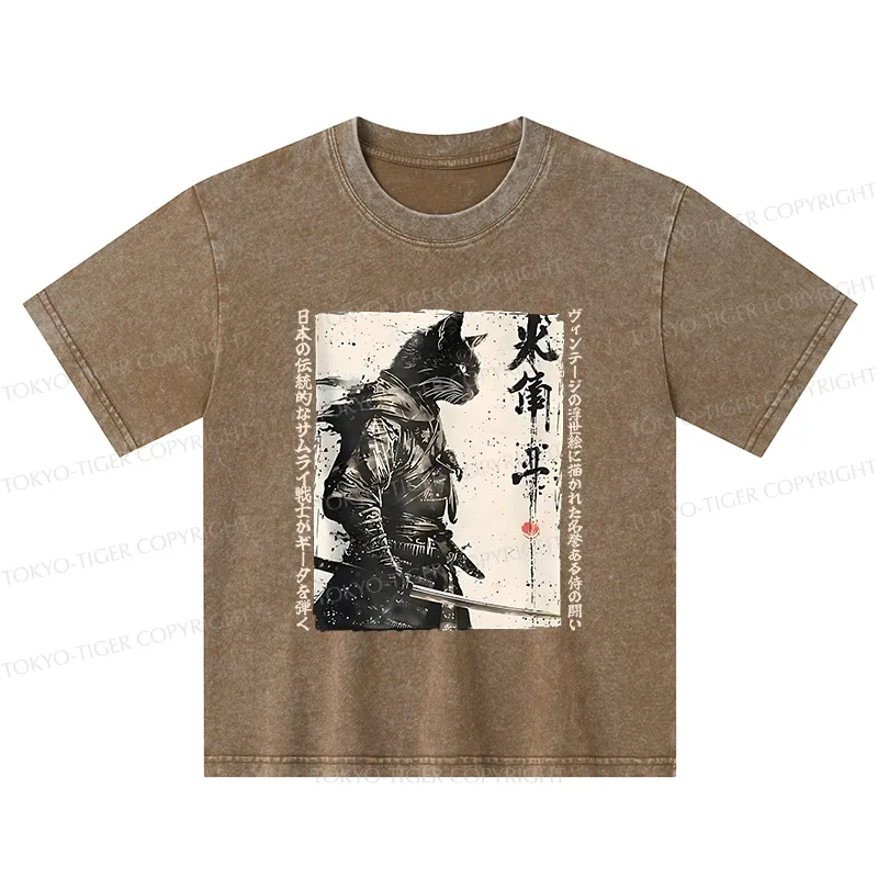 Tokyo-Tiger Cat Samurai Retro Kids Washed T-Shirt
