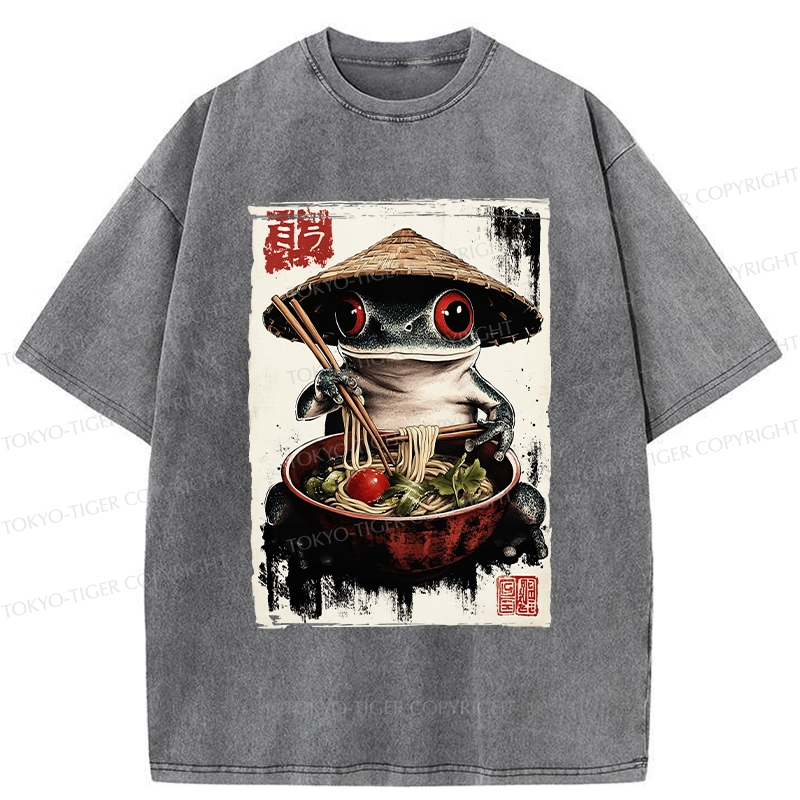 Tokyo-Tiger Retro Frog Eating Ramen Noodles Washed T-Shirt