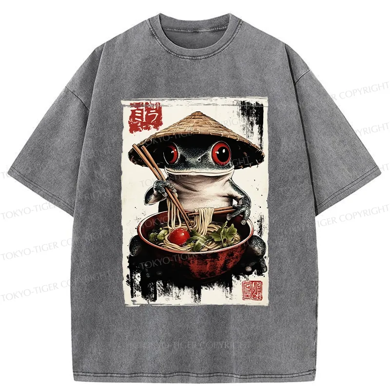 Tokyo-Tiger Retro Frog Eating Ramen Noodles Washed T-Shirt