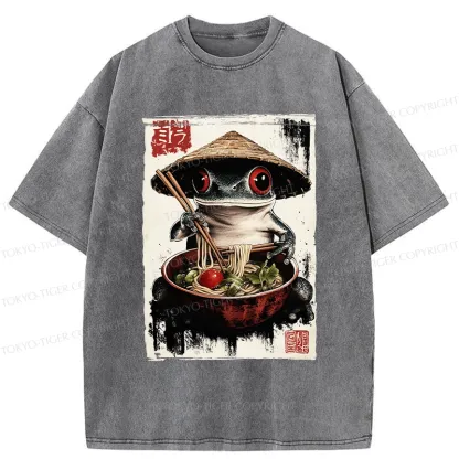 Tokyo-Tiger Retro Frog Eating Ramen Noodles Washed T-Shirt