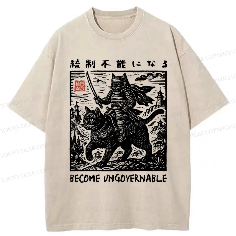Tokyo-Tiger Funny Cat Samurai Riding A Cat Washed T-Shirt