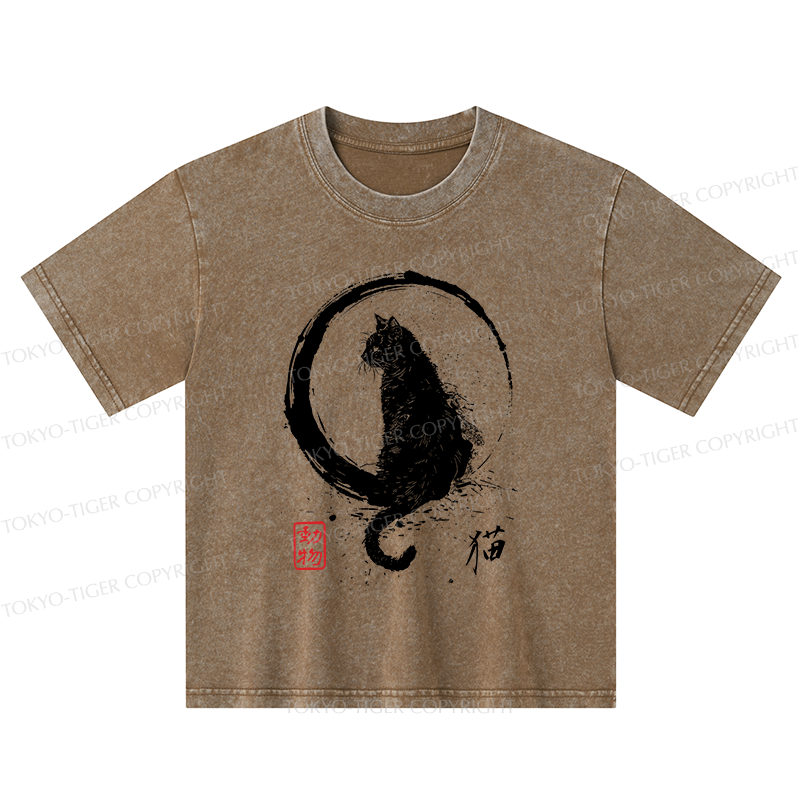 Tokyo-Tiger Retro Japanese Black Cat Kids Washed T-Shirt