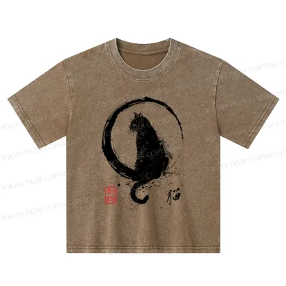 Tokyo-Tiger Retro Japanese Black Cat Kids Washed T-Shirt