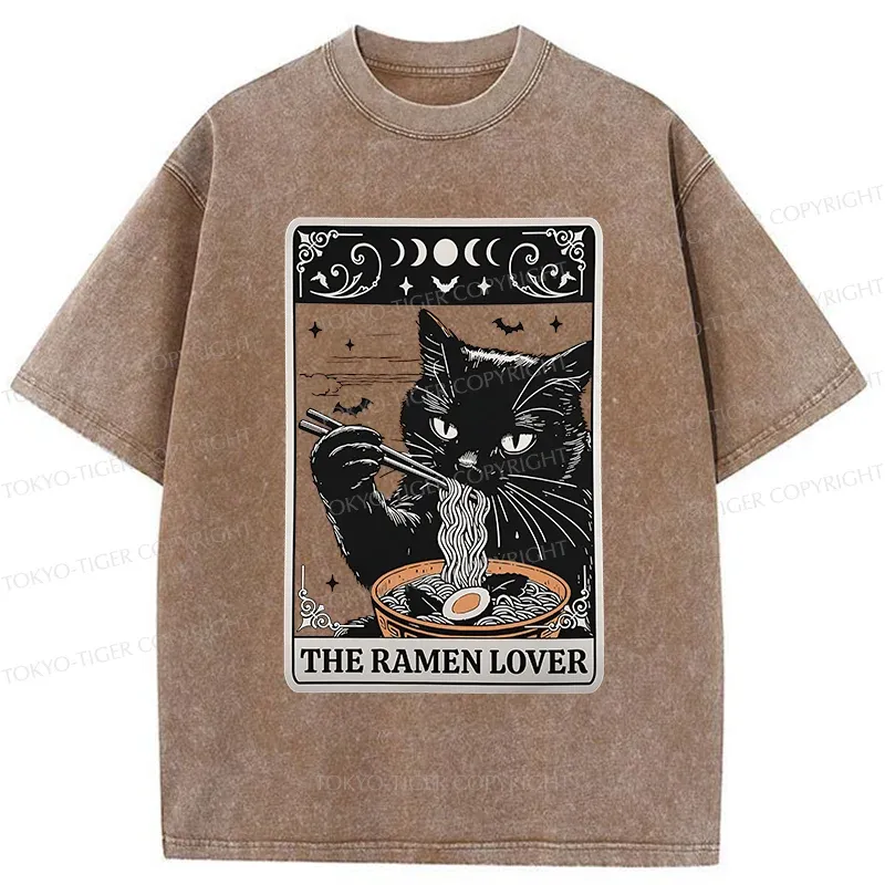 Tokyo-Tiger Cat Loves Ramen Washed T-Shirt