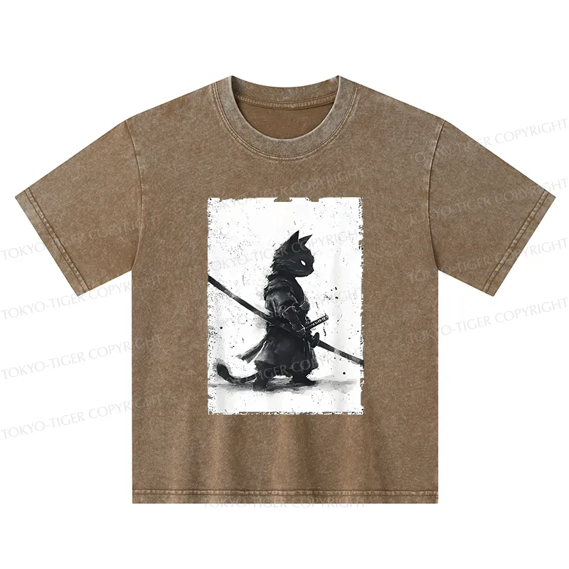 Tokyo-Tiger Retro Cat Samurai Japanese Kids Washed T-Shirt