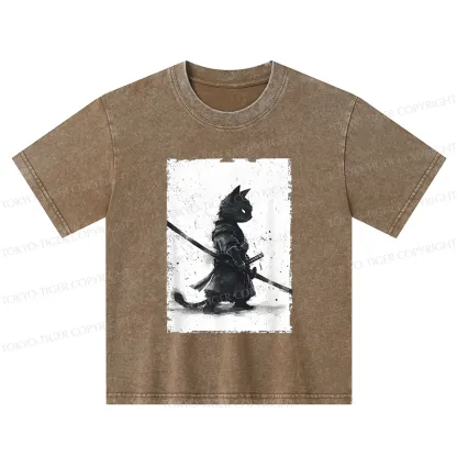 Tokyo-Tiger Retro Cat Samurai Japanese Kids Washed T-Shirt