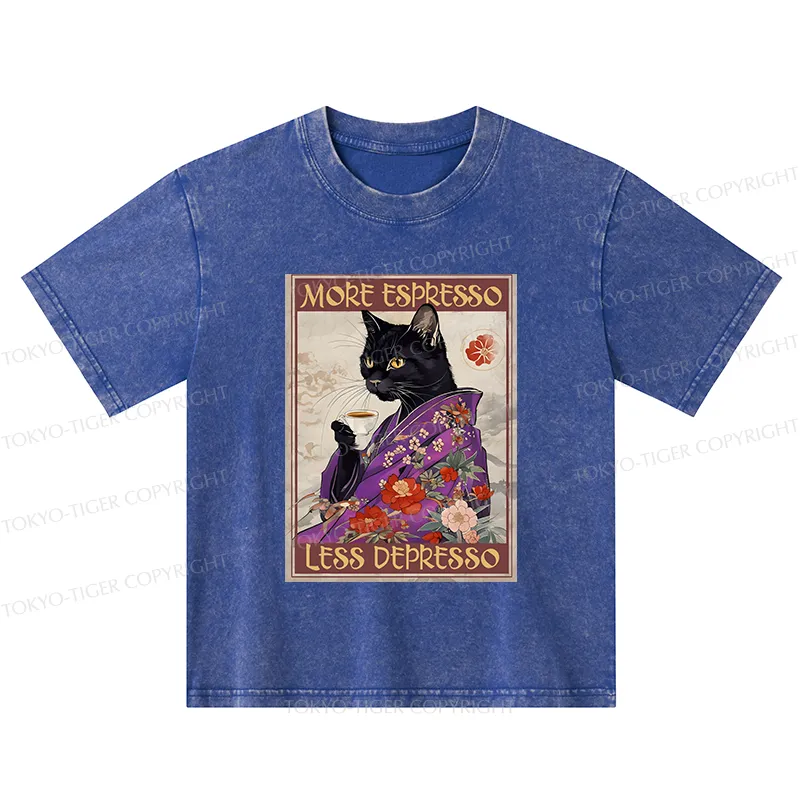 Tokyo-Tiger Japanese Cat Drinking Coffee Kids Washed T-Shirt