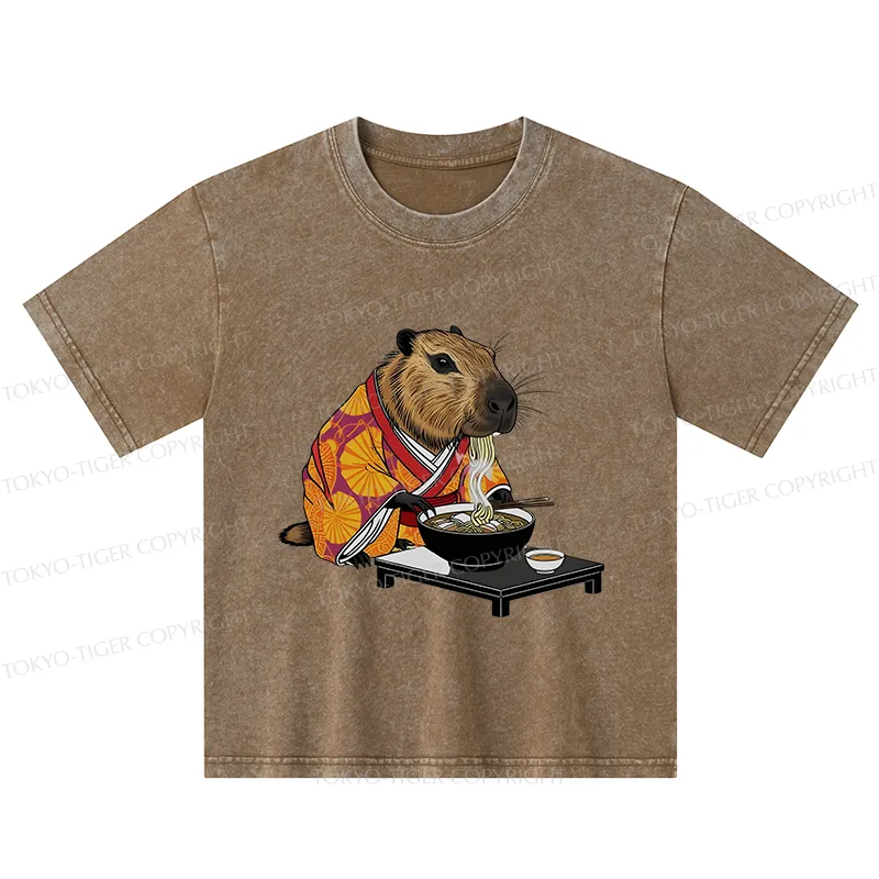 Tokyo-Tiger Cute Capybara Eating Ramen Kids Washed T-Shirt