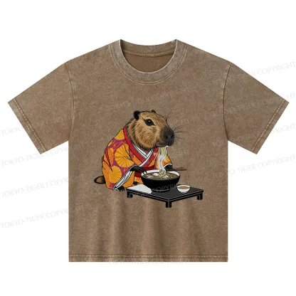 Tokyo-Tiger Cute Capybara Eating Ramen Kids Washed T-Shirt