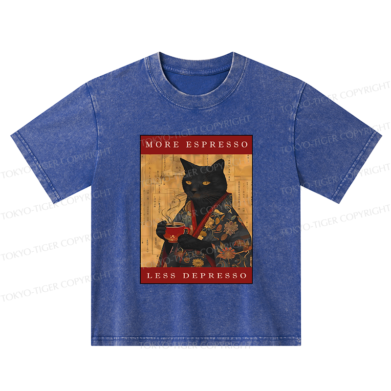 Tokyo-Tiger More Espresso Less Depresso Cat Kids Washed T-Shirt