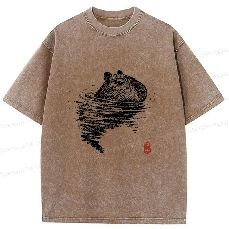 Tokyo-Tiger Swimming Capybara Washed T-Shirt