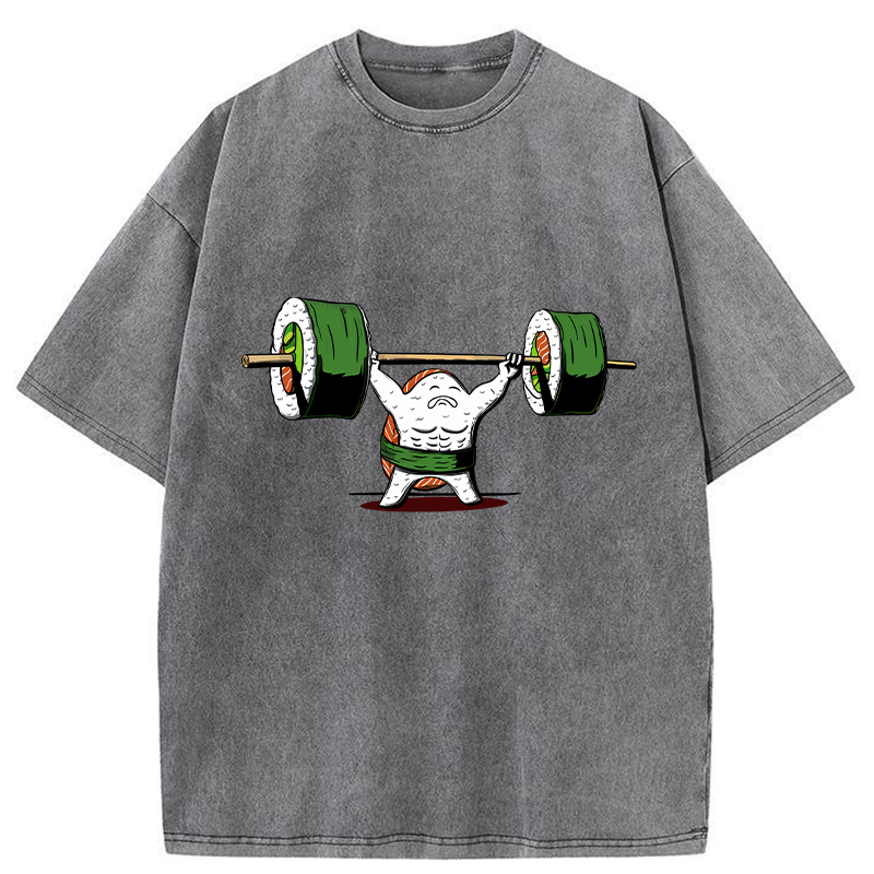 Tokyo-Tiger Funny Sushi Weightlifting Washed T-Shirt