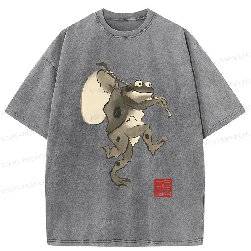 Tokyo-Tiger Funny Retro Frog Washed T-Shirt
