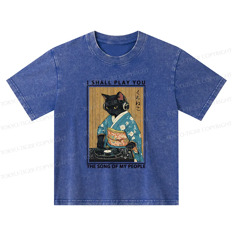 Tokyo-Tiger Funny Playing Music Black Cat Kids Washed T-Shirt