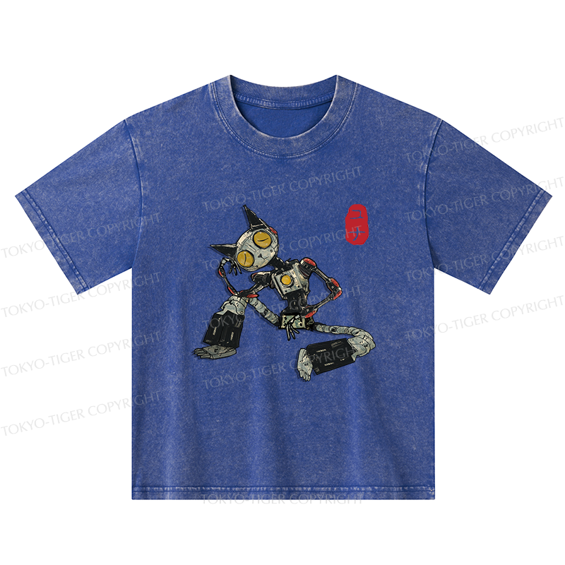Tokyo-Tiger Contemplative Robot Cat Kids Washed T-Shirt