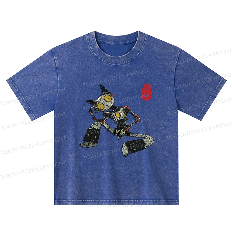 Tokyo-Tiger Contemplative Robot Cat Kids Washed T-Shirt