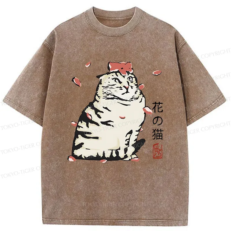 Tokyo-Tiger Cat And Sakura Washed T-Shirt