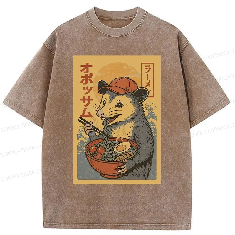 Tokyo-Tiger Opossum Eat Ramen Washed T-Shirt