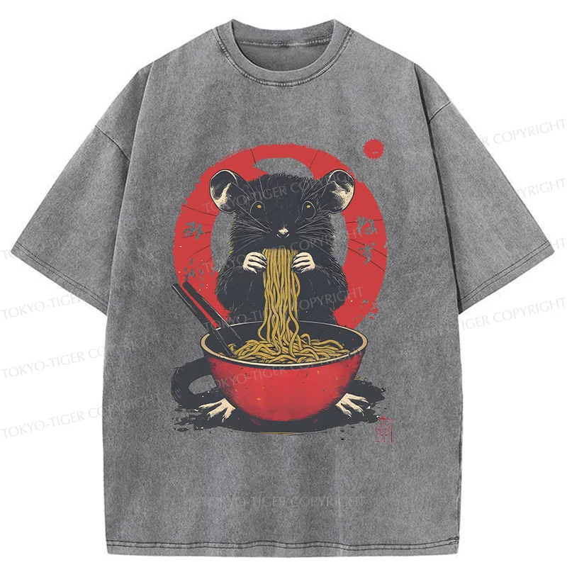 Tokyo-Tiger Mouse Eating Ramen Washed T-Shirt