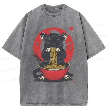 Tokyo-Tiger Mouse Eating Ramen Washed T-Shirt
