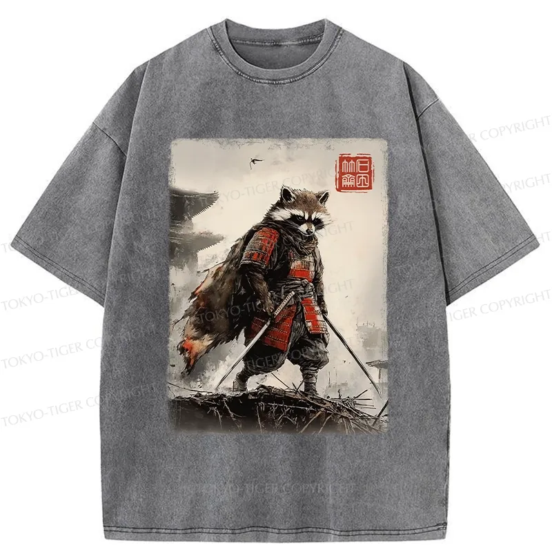 Tokyo-Tiger Retro Raccoon Samurai Washed T-Shirt