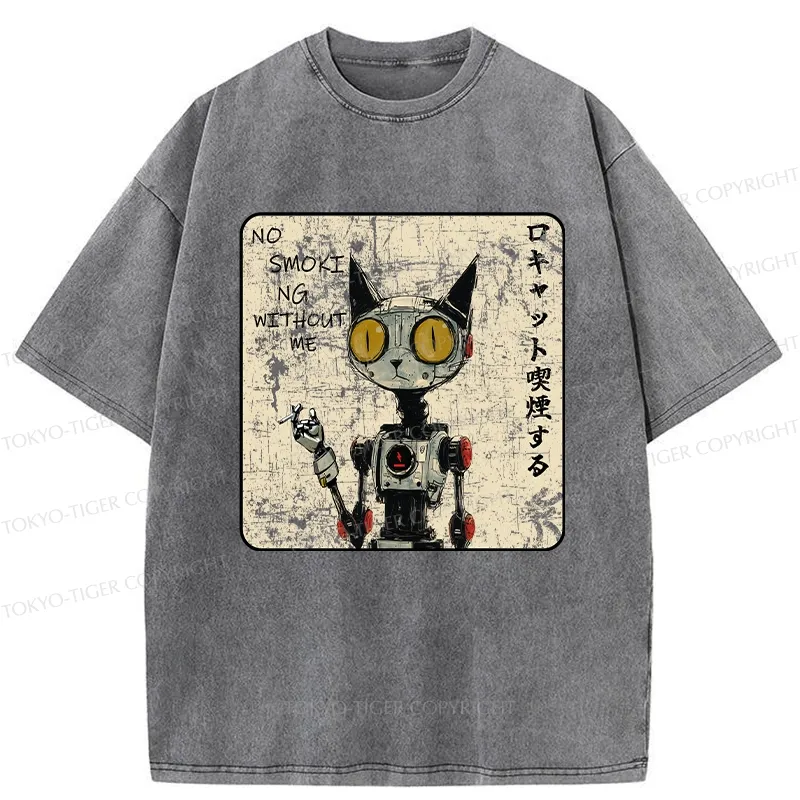 Tokyo-Tiger Smoking Robot Cat Washed T-Shirt