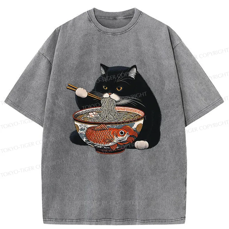 Tokyo-Tiger Fat Cat Eating Ramen Washed T-Shirt