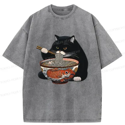 Tokyo-Tiger Fat Cat Eating Ramen Washed T-Shirt